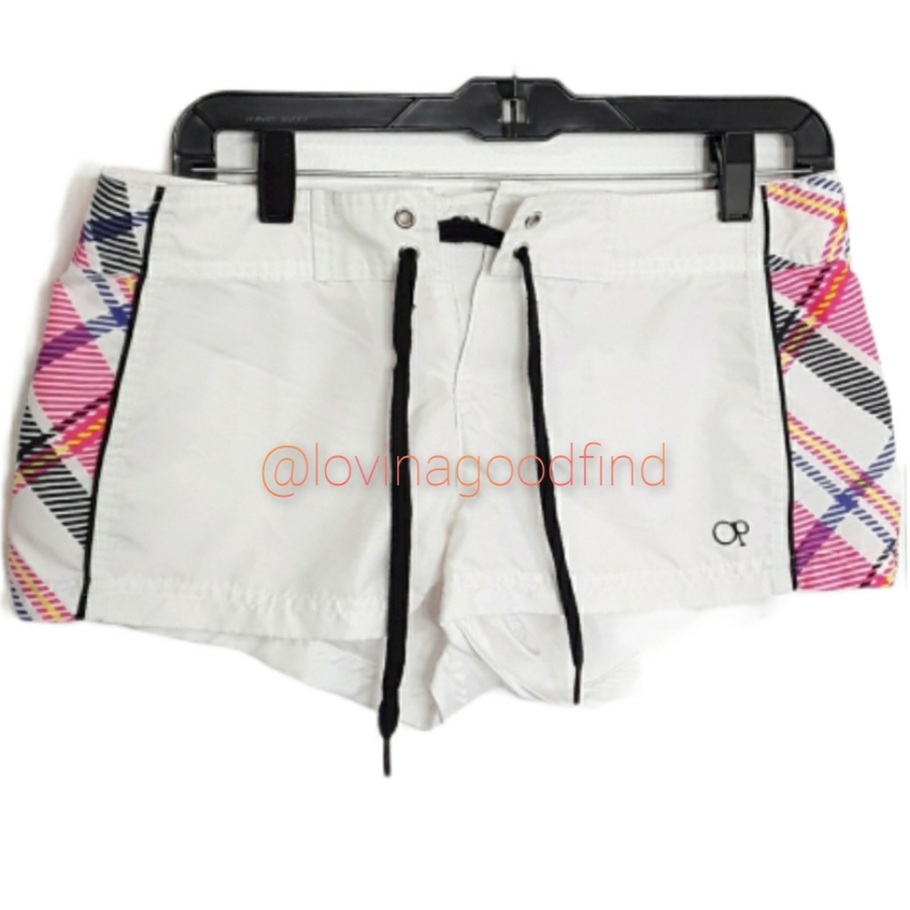 OP White Lace Front Shorts with Bold Plaid On Side EUC sz S